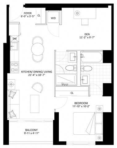 Floor plan for 1 bed, 2 baths, 696 sqft